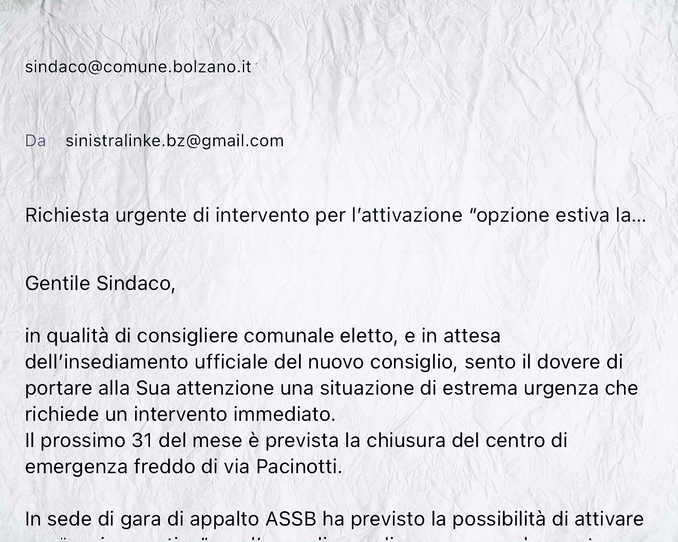 Emergenza freddo: richiesta urgente